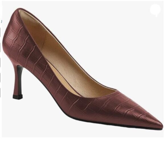 FOWT Simple Solid Croc-Embossed Pointed Toe Black Pumps for Women Red Shoes - Picture 1 of 8